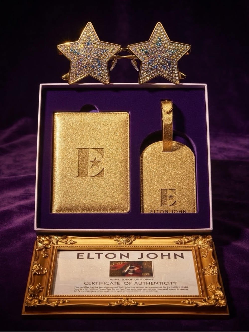 Elton John Gold Passport Holder & Luggage Tag Set w/ COA